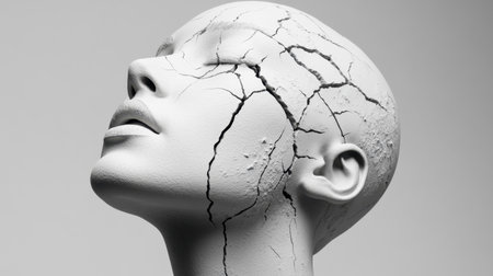 Artistic representation of a woman head, detailed with cracks, representing inner fragility and mental complexity.の素材