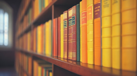 A tidy row of books on a school shelf, the focus on education and learning, with the background softly blurred.の素材