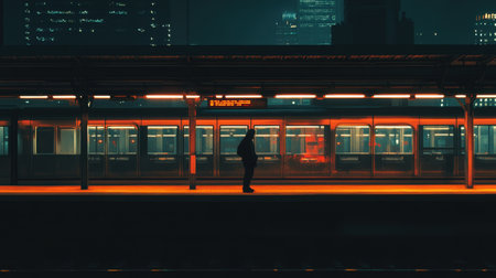 A solitary commuter stands at a brightly lit train platform at night, waiting in the quiet, with the city lights in the background, capturing a moment of routine.の素材