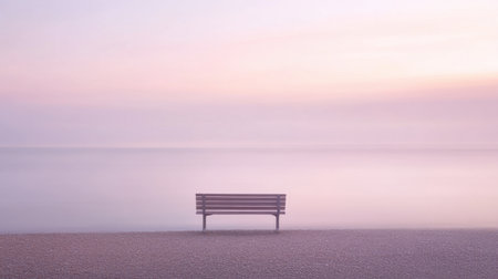 An empty bench on a quiet beach, overlooking the serene sea under a soft, pastel-colored sky at dusk.の素材