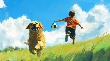 A young boy kicking a soccer ball while his dog runs beside him on a grassy field, a moment of carefree play.の素材