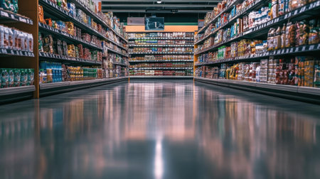 Blurry interior shot of a large grocery store, wide aisles filled with products on shelves, creating a shopping vibe.の素材