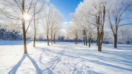 Beautiful winter landscape of snow-covered trees, with a light snowfall adding to the tranquil, frosty scene.の素材