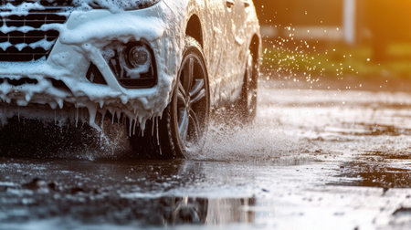 Auto detailing in action, car drenched in foamy soap and water jets spraying, creating dynamic water movement.の素材