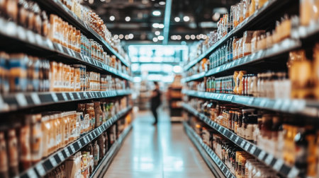 Blurred perspective of grocery store aisles stocked with products, shoppers in the distance, vibrant colors throughout.の素材