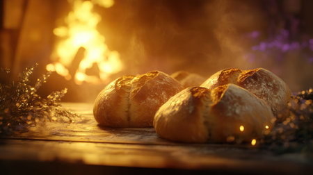 Baked loaves of bread on a wooden surface, with the soft glow of a fire in the background, evoking warmth and comfort.の素材