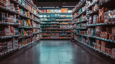 Blurry interior shot of a large grocery store, wide aisles filled with products on shelves, creating a shopping vibe.の素材