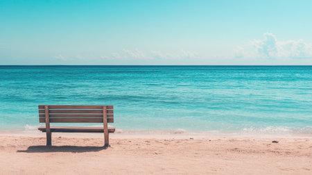 Bench by the sea on a tranquil beach, no one in sight, with soft waves and a calm horizon creating a peaceful atmosphere.の素材