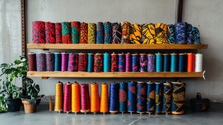 Brightly colored fabrics displayed in a row, with spools of matching thread, representing the creativity and diversity of textiles.の素材