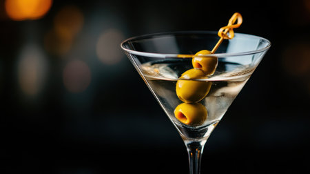 Close-up of a classic martini cocktail with olives, served in a sleek glass, set against a luxurious black background.の素材