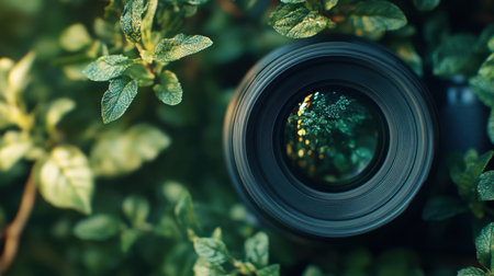 Close-up of a camera lens focusing on the vibrant greenery of a forest, highlighting the beauty of nature.の素材