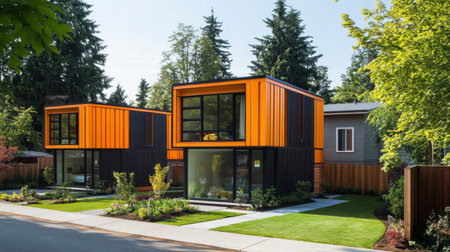 Cluster of sleek modular homes in a suburban neighborhood, featuring bold geometric design and eco-friendly materialsの素材