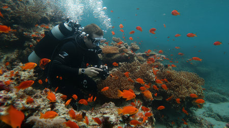 Diver exploring a healthy coral ecosystem, bright and colorful fish moving through the reef in the crystal-clear watersの素材