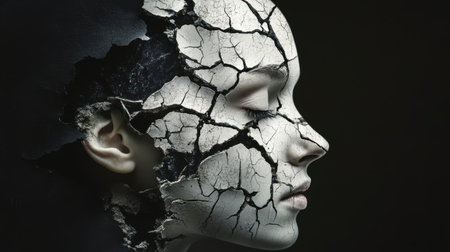 Close-up of a woman's head with an artistic cracked texture overlay on a black background, symbolizing fragility and complexity.の素材