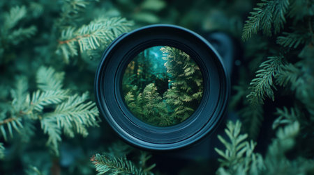 Close-up of a camera lens focusing on the vibrant greenery of a forest, highlighting the beauty of nature.の素材