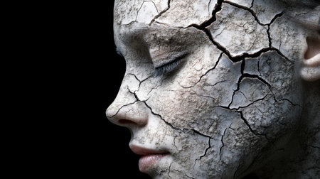 Close-up of a woman's head with an artistic cracked texture overlay on a black background, symbolizing fragility and complexity.の素材