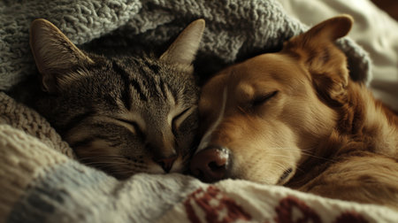 Close-up of a cute cat and dog cuddled up together under a blanket, napping in bed, representing friendship and peace.の素材