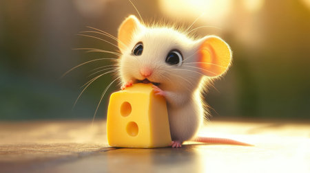 Cute mouse nibbling on a fresh piece of cheese, with a soft backlight highlighting its tiny whiskers and the cheese.の素材
