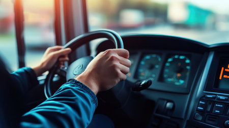 Close-up of bus driver's hands gripping steering wheel, dashboard details in view, while driving a modern passenger bus.の素材