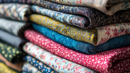 Close-up of bright, colorful fabrics neatly stacked, showing texture and material detail, ready for sewing projects.の素材