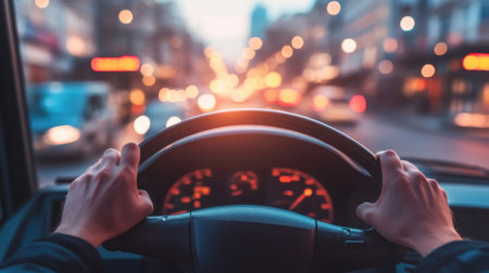 Close-up of hands controlling the wheel of a modern bus, steering through city streets, dashboard panel in focusの素材