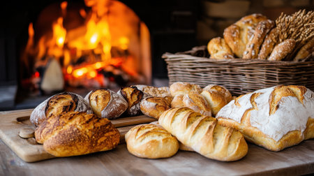 Crispy loaves of bread laid out near an open oven or fireplace, filling the air with warmth and the smell of fresh baking.の素材