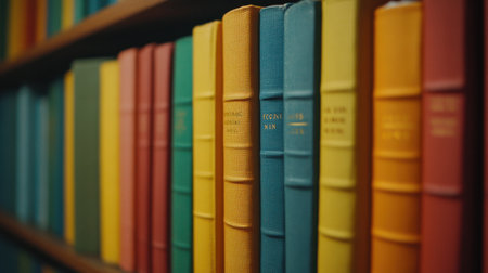 Close-up of textbooks on a school bookshelf, rows of colorful covers with a soft focus on the educational environment beyond.の素材