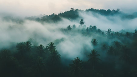 Foggy morning in a tropical jungle, mist swirling around thick green foliage, creating a dreamy and peaceful natural scene.の素材