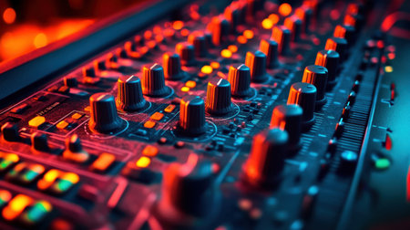 Close-up of a modern audio mixing console with glowing dials and faders in a studio bathed in colorful lighting.の素材
