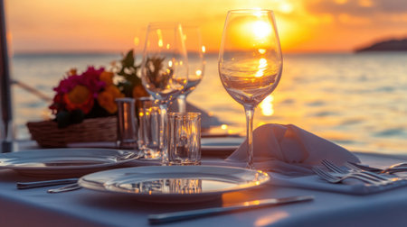 Elegant table arrangement on a yacht's deck, with the sunset reflecting on the water, perfect for a romantic dinner.の素材