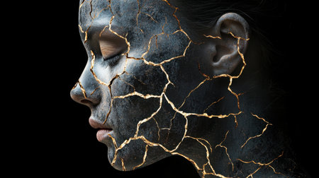 Close-up of a woman's head with an artistic cracked texture overlay on a black background, symbolizing fragility and complexity.の素材