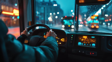 Driver's hands on a bus steering wheel, interior cabin in focus with modern control panel as the driver maneuvers the road.の素材