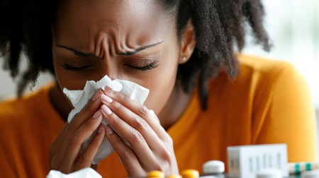 Close-up of a sick woman blowing her nose at home, surrounded by tissues and medication on the coffee table.の素材