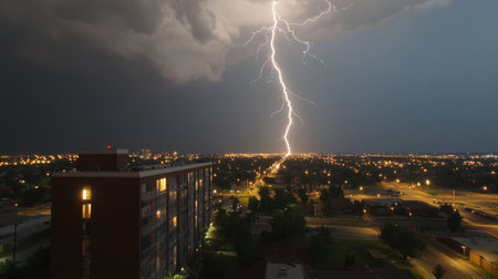 Dramatic lightning storm over a city skyline, the intense electric flash lighting up the night sky.の素材