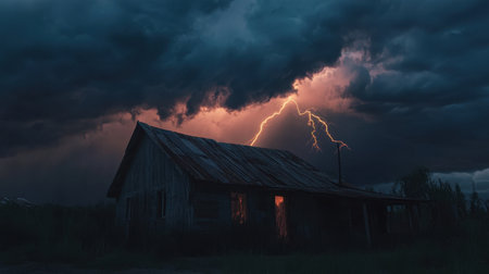 Dramatic storm with vivid lightning strikes over a building with a metal roof, showcasing the raw energy of nature.の素材