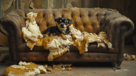 Leather sofa completely torn apart by a small dog, pieces of fabric and foam strewn about, the dog looking innocent.の素材