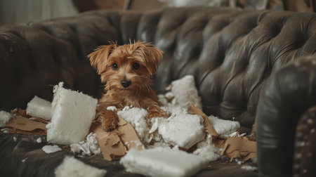 Leather sofa completely torn apart by a small dog, pieces of fabric and foam strewn about, the dog looking innocent.の素材