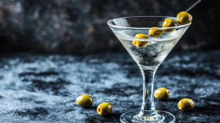 Martini cocktail in a glass, garnished with olives, beautifully displayed against a sleek, black backdrop.の素材