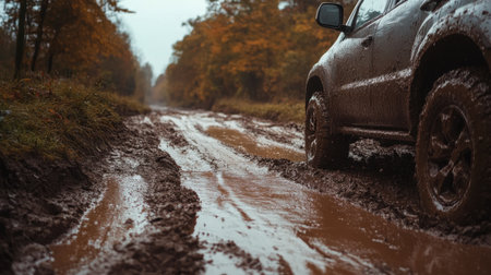 Off-road vehicle driving through thick mud on a remote village road, highlighting the rugged journey ahead.の素材