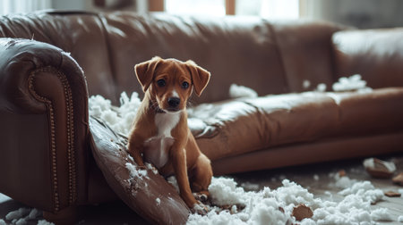 Playful little dog sitting amidst the destruction of a modern leather sofa, clearly enjoying the mess it created.の素材