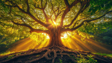 Grand tree in the forest, bathed in golden sunlight, with rays piercing through its leaves and illuminating the ground.の素材