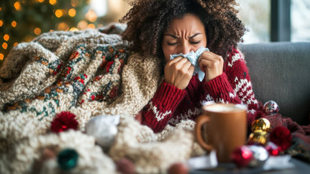 Ill woman blowing her nose on a sofa, surrounded by cozy blankets, tissues, and a warm drink, recovering from sickness.の素材