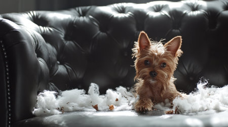 Naughty little dog caught in the act of tearing up a modern leather sofa, bits of fabric and fluff scattered around.の素材