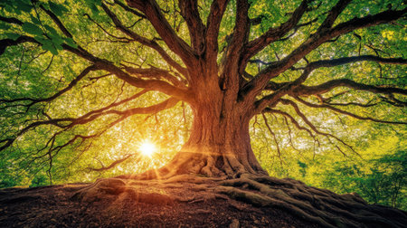 Majestic tree with sunlight illuminating its leaves and the forest floor below, creating a peaceful, natural beauty.の素材