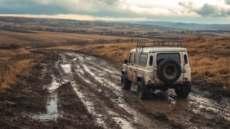Off-road vehicle navigating through a muddy rural road, heading toward distant villages, adventure in progressの素材