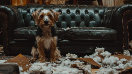 Mischievous dog sitting proudly beside a destroyed leather sofa, torn cushions and stuffing spread across the floor.の素材