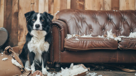 Mischievous dog sitting proudly beside a destroyed leather sofa, torn cushions and stuffing spread across the floor.の素材