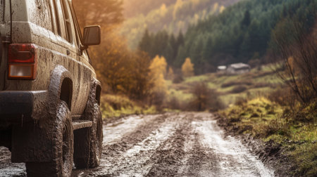 Off-road vehicle navigating through a muddy rural road, heading toward distant villages, adventure in progressの素材