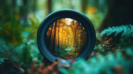 Nature photography concept, camera lens capturing the vibrant colors and textures of a dense, green forest.の素材
