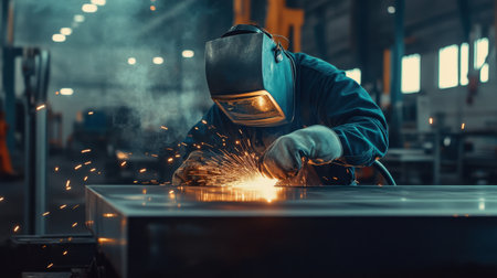 Skilled welder wearing protective gear, welding two metal parts with vibrant sparks, metal glowing under the heat.の素材